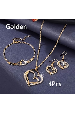 Moda My Love 2li Kalp Bileklik, Kolye, Küpe Set, Sevgililer Günü Altın