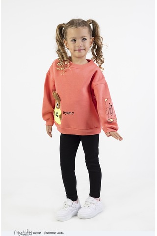 Kız Çocuk Orta Kalınlıkta Baskılı Örme Basic Taytlı Alt Üst Takımı Nar Çiçeği Narçiçeği