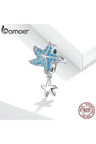 Bamoer Hakiki 925 Ayar Gümüş Mavi Cz Denizyıldızı Kolye Charm Fit Orijinal Bilezik Dıy Takı Gümüş