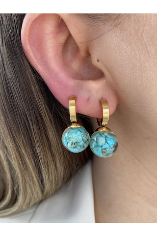 Mavi Taşlı Yuvarlak Sallantılı Çelik Kararmaz Gold Kaplama Küpe Ç