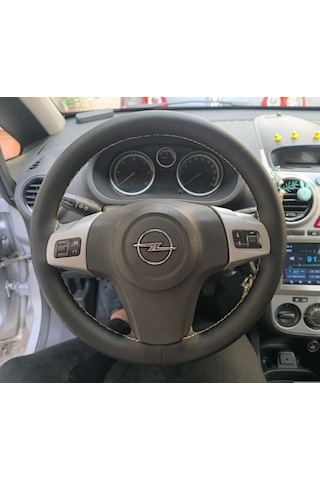 Dikişli Direksiyon Kılıfı Siyah Deri Bej Dikişli Opel Corsa D İçin Siyah