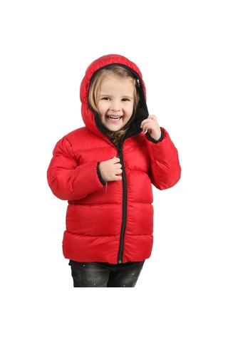 Kız Çocuk Kırmızı Içi Polarlı Kapüşonlu Su Geçirmez Rüzgara Dayanıklı Şişme Kışlık Mont & Kaban Kırmızı