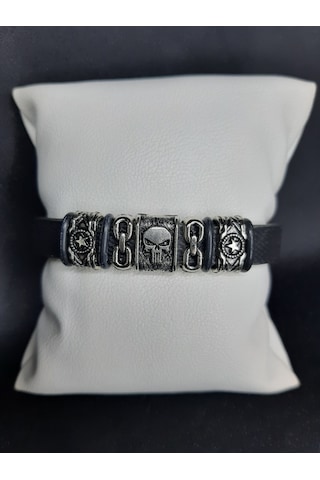 Unisex Suni Deri Metal Detaylı El Yapımı Bileklik Siyah
