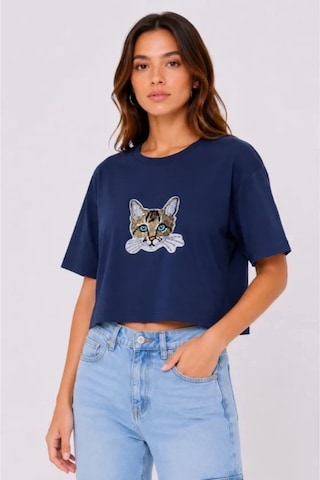 Butik İstanbul Kedi Baskılı Oversize Crop Tişört Salaş Basic Yarım Kol T-shirt - Lacivert