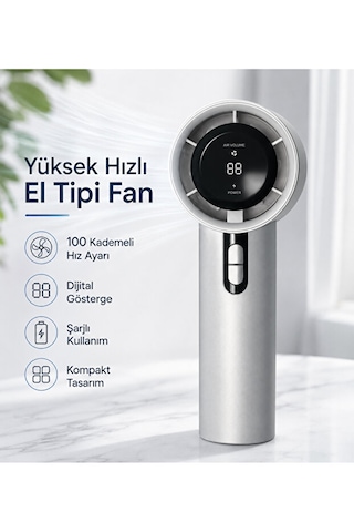 100 Kademeli Dijital Göstergeli Şarjlı El Tipi Fan Taşınabilir Mini Masaüstü Fan Gri