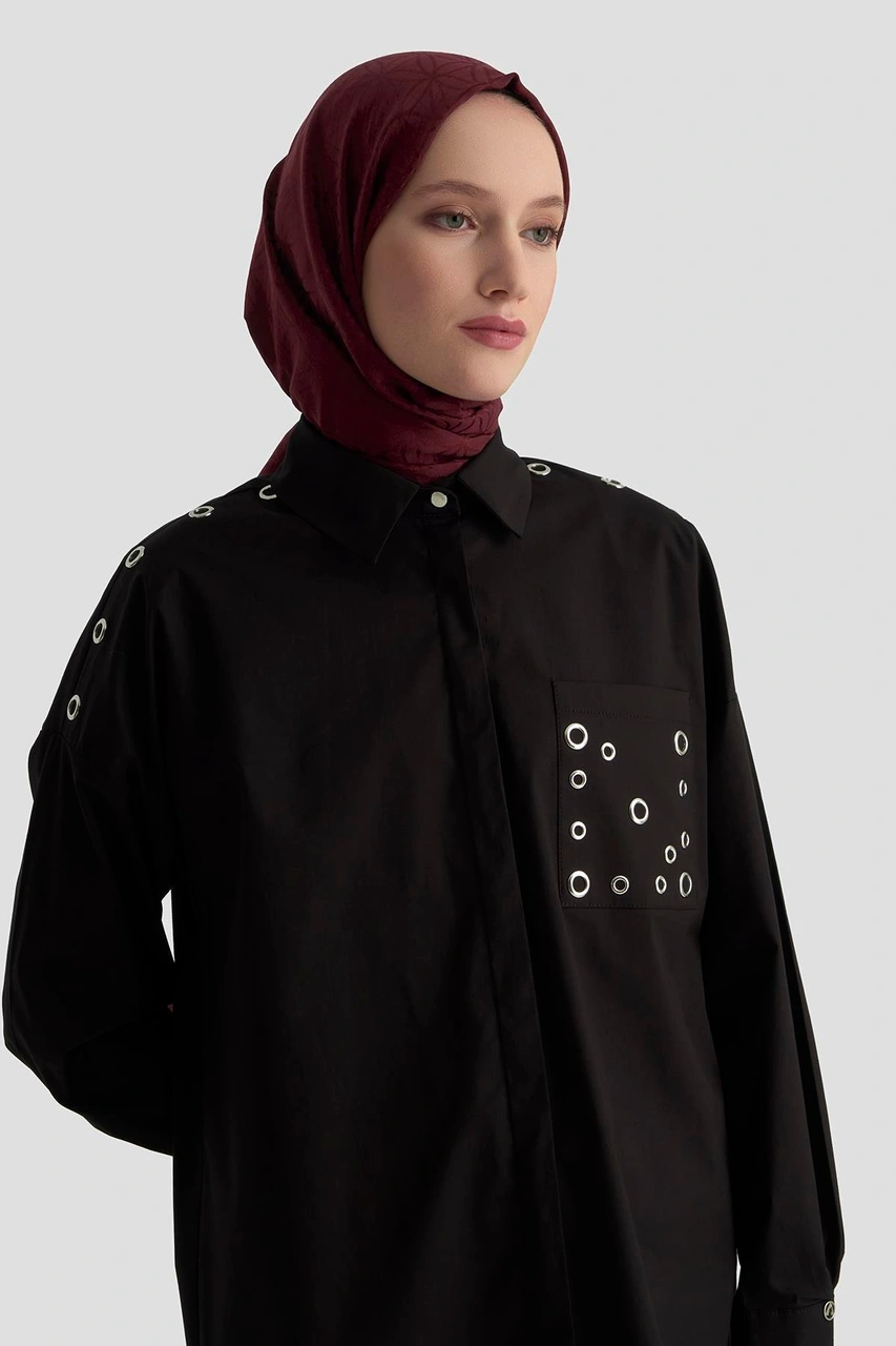 Armine Trend Gizli Düğmeli Kuşgözü Detaylı Gömlek Siyah 25kt420 Siyah