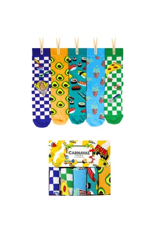 Damalı Ve Renkli 5'li Fast Food Tasarım Çorap Kutusu Beyaz - Mavi-turuncu-yeşil