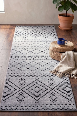 İskandinav Kilim Yıkanabilir Kadife Tuşeli Pamuk Dokuma Yolluk Kaymaz Tabanlı Halı Gri