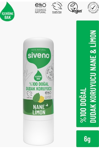 Siveno %100 Doğal Dudak Koruyucu Nane & Limon Bitkisel Lip Balm Krem Nemlendirici Parlatıcı Onarıcı 6 G