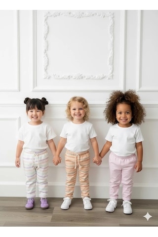 Kız Çocuk Desenli 3 Lü Paket Gündelik Rahat Pantolon Seti 2-7 Yaş Ekru-somon-a.pembe