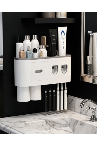 Banyo Organizer 6 Fırçalık Çift Dispenserli Diş Macunu Sıkacağı Çok Renkli