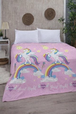Unicorn Tek Kişilik Pike 170x230 Cm Çocuk Ve Genç Odaları İçin, Renkli Gökkuşağı Desenli Pembe
