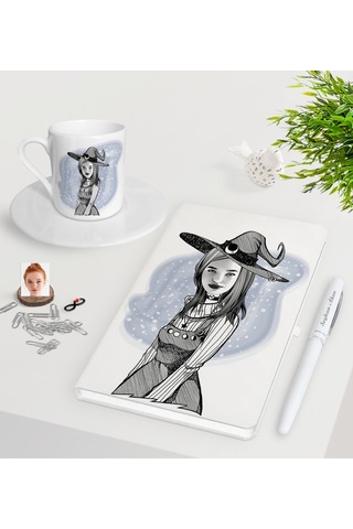Kişiye Özel Bayan Cadı Karikatürlü Beyaz Defter Kalem Türk Kahves N11.20539