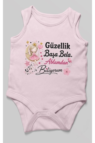 Morivokids Güzellik Başa Bela Ablamdan Biliyorum Sıfır Kol Bebek Zıbını %100 Pamuk Bebe Pembe