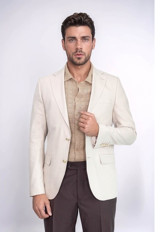 Bej Balıksırtı Desenli Gold Renk Metal Düğmeli Slim Fit Erkek Blazer Ceket - Wessi Cream