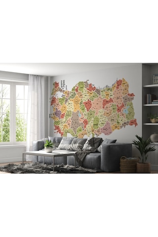 Türkiye Haritası İl Ve İlçeli Ayrıntılı Eğitici Dekoratif Duvar Kağıdı-3045 Çok Renkli