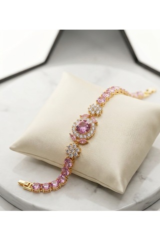 Pembe Zirkon Taşlı Gold Kadın Bileklik - Çiçek Ve Oval Taş Detaylı Tasarım Altın - Pembe