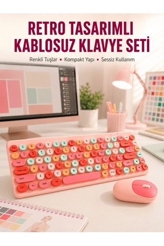 Renkli Retro Tuş Takımlı Klavye 3 Cihaz Bağlantısı, Medya Kısayol Tuşları Yeni Nesil Tkndy-bsva4969 Diğer