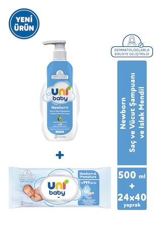 Uni Baby Newborn & Premature Yenidoğan Şampuanı 500 Ml + Yenidoğan Islak Mendili 24x40 960 Yaprak 2'li Set