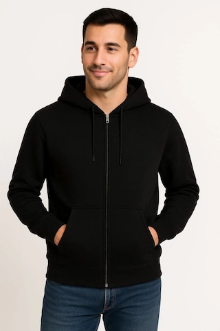 Erkek Üç İplik Kapüşonlu Tam Fermuarlı Kanguru Çepli Sweatshirt Hoodie - Siyah Siyah