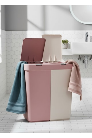 Çamaşır Sepeti İki Bölmeli Kirli Sepeti Pembe-beyaz 80 Litre Pembe Beyaz