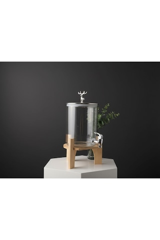 Elta Collection Gümüş Füme Cam Şerbetlik Meşrubatlık Musluklu Ve Ahşap Standlı 3.6 Litre Gümüş