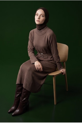 Armine Trend Kemer Detaylı Balıkçı Yaka Uzun Kollu Ribanalı Triko Elbise Mocha 26ktd911