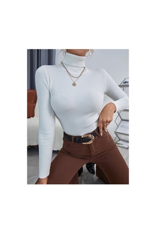 Hanclo Kadın Fitilli Balıkçı Yaka Slim Fit Triko Kazak Beyaz