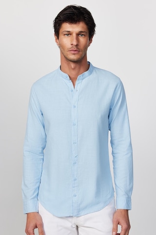 Tudors Slim Fit Dar Kalıp Uzun Kol Hakim Yaka Pamuklu Keten Efekt Mavi Gömlek-28835-mavi Mavi