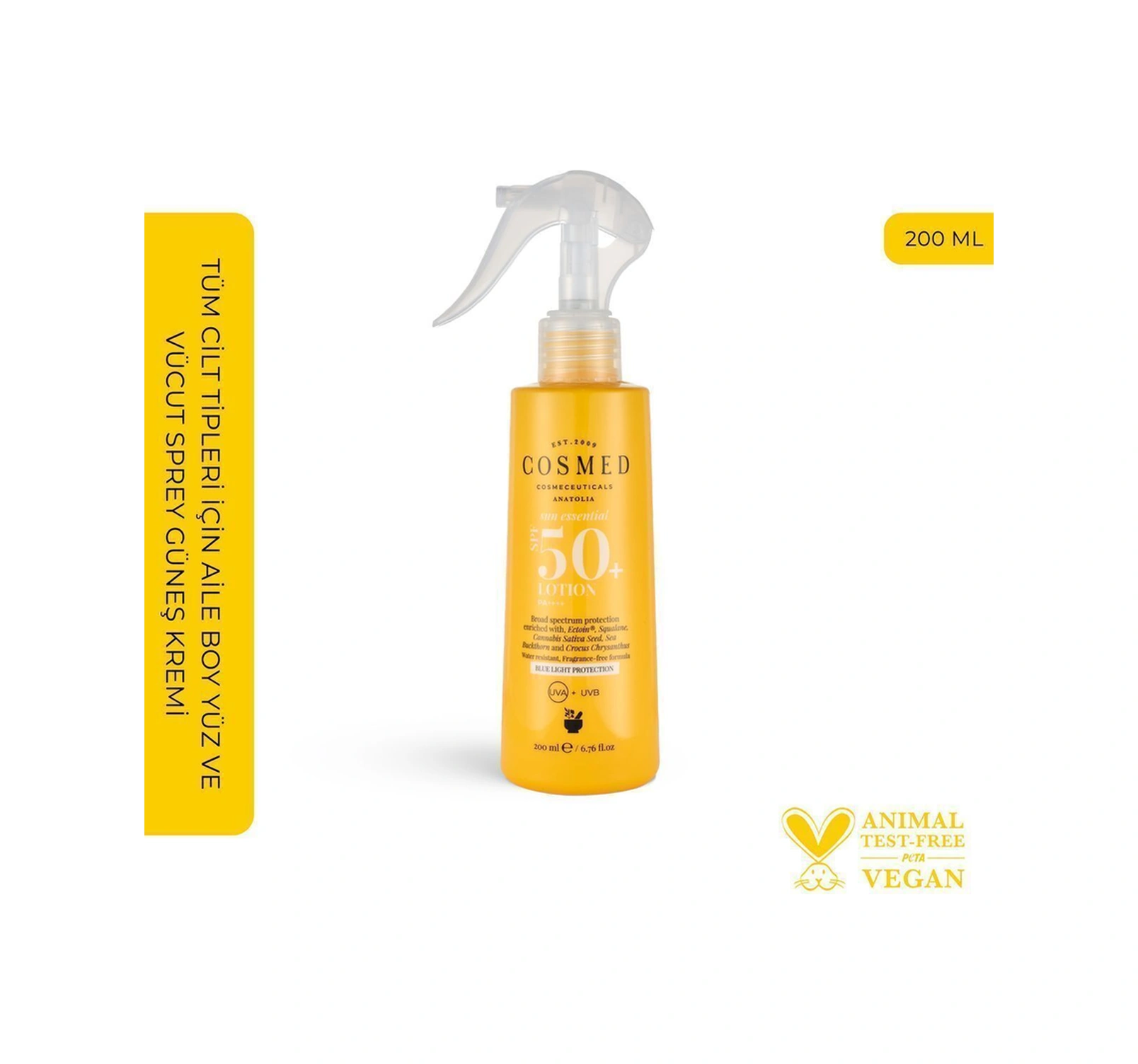 Cosmed Tüm Cilt Tipleri için Aile Boy Yüz ve Vücut Sprey Güneş Kremi - Lotion SPF50+ - 200 ml