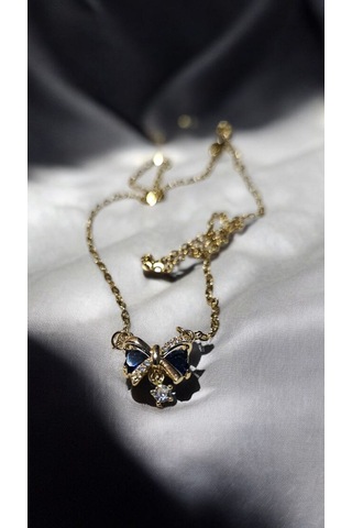 Mavi Taşlı Altın Renk Papyon Figürlü Kolye Zarif Ve Şık Kadın T