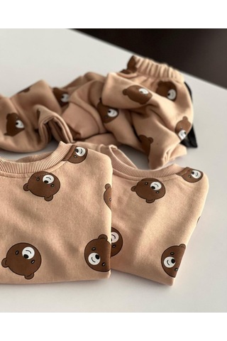 Unisex Çocuk Kahve Tonlu Mini Ayıcık Emoji Baskılı Sweatshirt Eşofman Alt Üst Takım 3 İplik Açık Kahve Açık Kahverengi