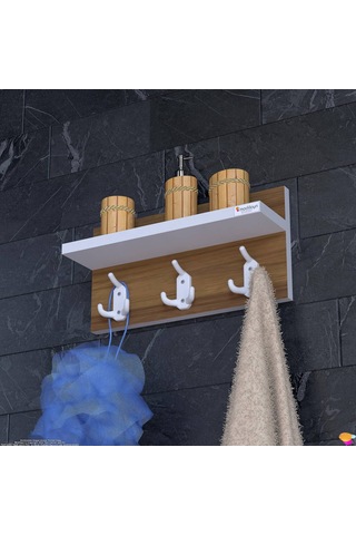 Modilayn Kedi Serisi 3 Lü Banyo Askısı Seti: 41,4x18 Cm, 9 Kancalı Raflı Düzenleyici Beyaz