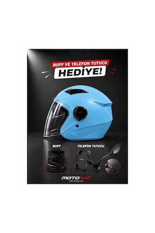 Güneş Vizörlü Kask - Telefon Tutucu Ve Buff Mavi
