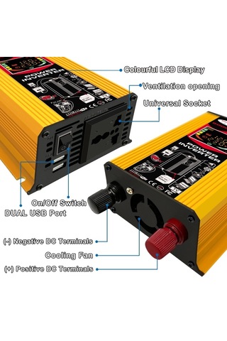 Sones Tang Iıı Nesil 12v İla 220v 6000w Lcd Ekranlı Ve Çift Usb'li Araç Güç Çeviricisi Sarı