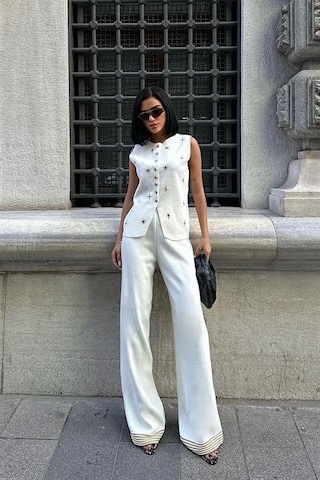 Moderie Butik Paulo Gold Düğmeli Yelek Pantolon Takım 9976 Ekru