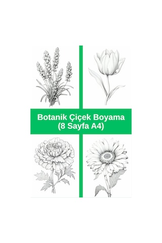 Botanik Çiçek Boyama Sayfaları 2, 8 Adet A4 Boyut .