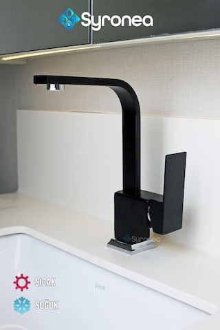 Siyah Kuğu Kare Banyo Lavabo Bataryası Sıcak Ve Soğuk Su Girişli Aç Kapa Musluk Siyah