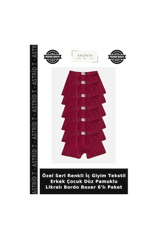 Astrid T Özel Seri Renkli İç Giyim Tekstil Erkek Çocuk Düz Pamuklu Likralı Bordo Boxer 6'lı Paket