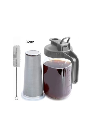 Reedark Cam Matara 32oz - Günülen Kollü, Ölçülü, Geniş Açık - Süzgeçli Soğuk İçecek, Meyve Suyu, Kahve Depolama Kabı - Gri Kapak Gri