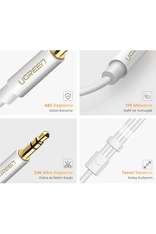 Ugreen 3.5mm Erkek To 2 Dişi Ses Kablosu 20cm Beyaz , 10739