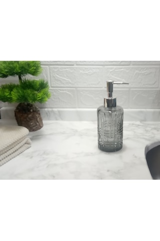 Cam Sıvı Sabunluk,kristal Desenli Gri 300ml Banyo Seti 6,8x17,6