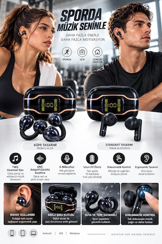 Küpe Tasarımını Sevenlere 4 Kulaklıklı Bluetooth Kulaklık Seti Kulağa Girmeyen Tasarım - Lisinya Siyah