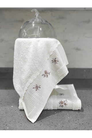 %100 Pamuk & Nakışlı Havlu Takımı - 2'li Dantelli Havlu Seti - 40x60 Cm Ekru Ekru