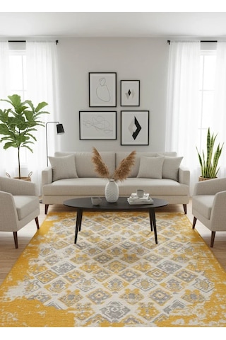 Gri Sarı Çift Taraflı Modern Vintage Yıkanabilir Antibakteriyel Halı - Yo015fsagr Turuncu