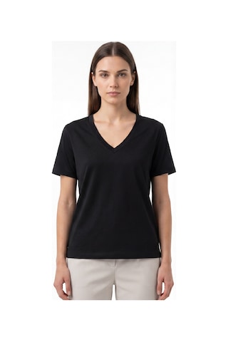 Goffra Kadın Vision V Yaka Premium Kalite Yoğun Dokulu Pamuklu T-shirt Siyah W102-r0220-09