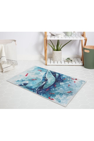 Banyo Halısı Dijital Baskılı Banyo Paspası 50x80 Polyester Kaymaz Tabanlı Duş Paspası Whale Beyaz - Siyah