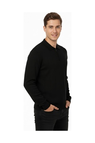 Dynamo Erkek Polo Yaka Fermuarlı Triko Kazak Regular Fit 7019 Bgl-st04922 Siyah