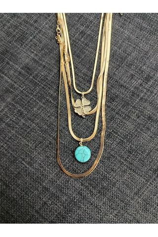Kadın Gold Çelik Katlı Kolye Kombini - 4'lü Set İtalyan Ezme Zincir Zirkon Taşlı Yonca & Turkuaz Doğal Taşlı Antialerjik Kolye Altın