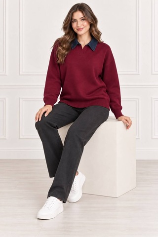 Hıra Co. Kadın Kot Gömlek Yakalı Uzun Kollu Oversize Triko Kazak Bordo Bordo